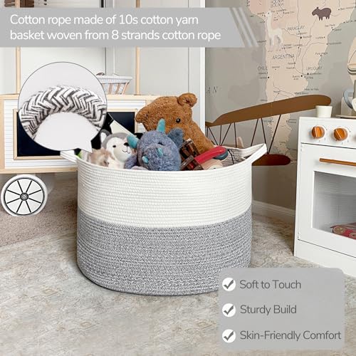 Image of INDRESSME Large Storage Basket, 21.7'' x 13.8'' Cotton Rope Blanket Basket Living Room, Toy Organizers and Storage with Handles for Kids, Laundry Baskets for Clothes, Towel, 90L Grey