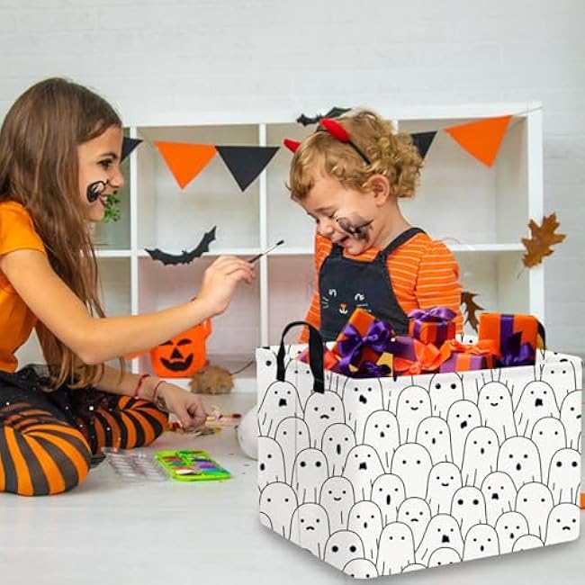 Rectangular Halloween Basket,Trick or Treat Basket for Boys and Girls,Waterproof collapsible storage box,Halloween Decor,Gift box(Little ghost)