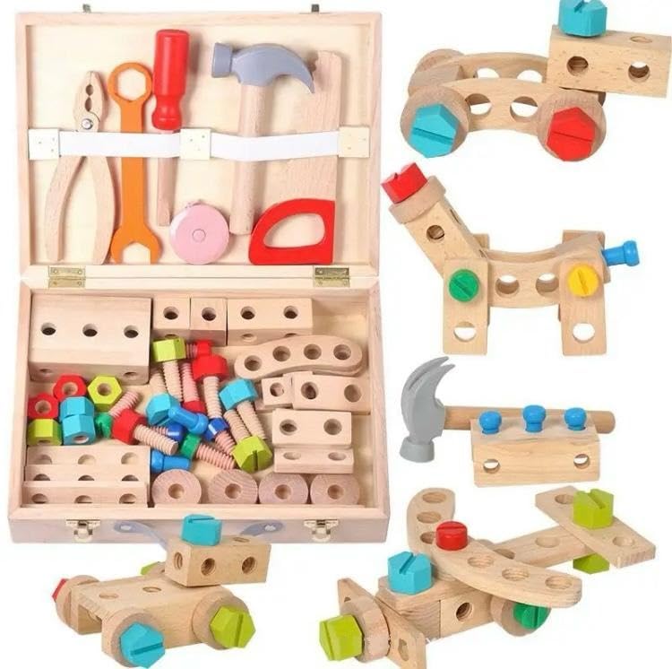 Caja de Herramientas Madera Juguete niños 3 4 5 6 años | Juego Infantil Montessori Creativo Motriz 54 piezas Construcción con Maletín de Transporte | Banco de accesorios educativo para niña y niño |