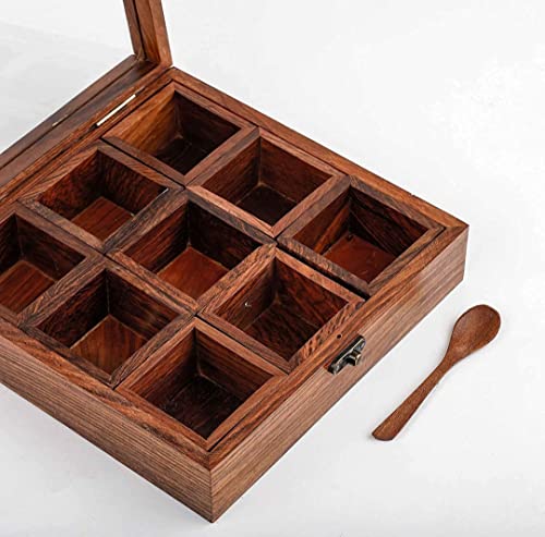 Image of THEHEARTWILL Sheesham Wooden Spice Box with 2 Spoons | Wooden Masala Box for Kitchen with Removable Partitions | Spice Box Wooden Namak Dani | Wood Masala Dabba Dani Container, 50 ml, Brown.