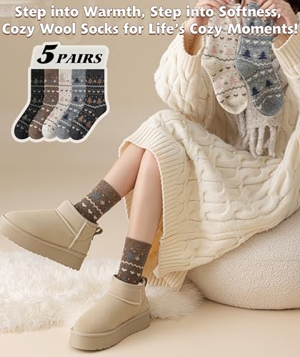 Image of IIG Cute Warm Wool Socks for Women Super Cozy Thick Crew Winter Socks Gifts, 5 Pairs
