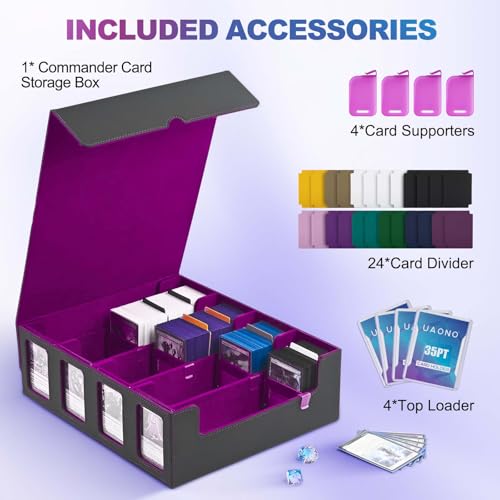 Image of UAONO Trading Card Storage Box with Commander Display; 2400+ Deck Box for MTG with Removable Cover; Top Loaders Card Case fits Magic TCG PTCG Sports Cards; 24 Dividers, 4 Stoppers (Black, Purple)