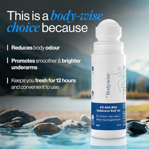 Image of Be Bodywise 6% AHA BHA Underarm Roll On 75ml | 4% Lactic Acid, 1% Mandelic Acid, 1% Salicylic Acid | Controls Odour & Reduces Pigmentation for even tone skin | 0% Alcohol & 0% Aluminium | Aqua Fragrance