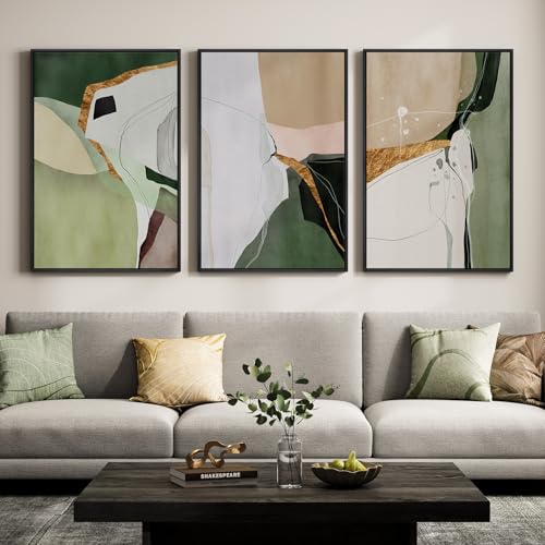 Large Framed Green and Beige Abstract Wall Art for Living