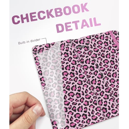 Image of Checkbook Cover for Men Women, Premium Leather Checkbook Holder with RFID Blocking and Built in Clear Plastic Divider for Personal and Business Checks (Leopard-Pink)