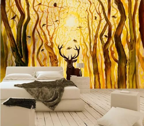 Tzxztt Oro Bosque Animal Alce Pájaro Moderno Papel Pintado 3D Seda Texturizada Primera Calidad Neutros Material Ideal Para SalóN Dormitorio-300cm×210cm