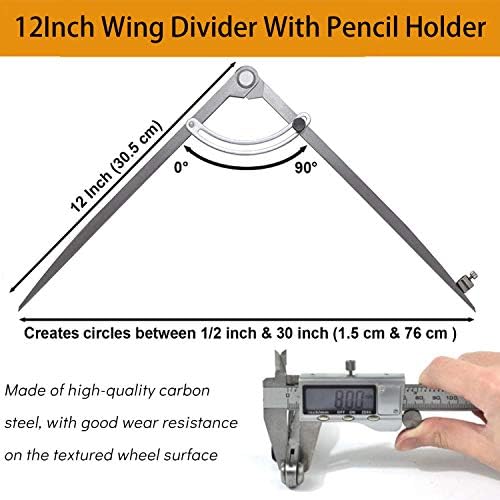 12 Inch Large Adjustable Pencil Marking Compass Circle, Scratch Marking Locking Wing Divider for Drawing Circles, Woodworking, Metalworking, and Leather Work