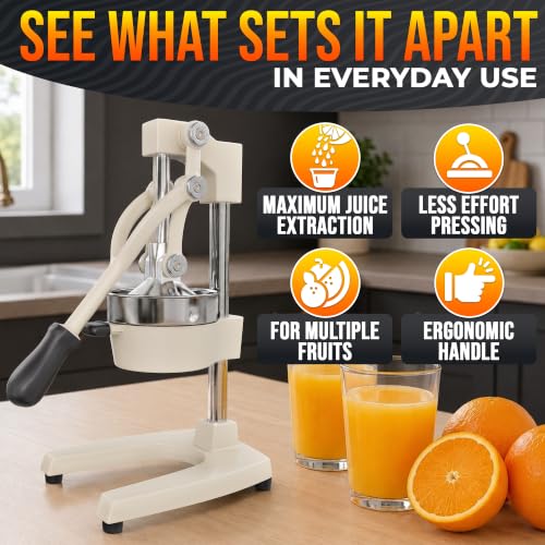 Image of Cast Iron Juicer Hand Press, Heavy-Duty Squeezer (White) | Lever Manual Citrus Press Juicer & Orange Squeezer for Lemon, Lime & Lemonade; Steel Cone & Strainer; for Home or Bar