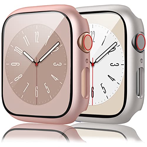 [2 Pezzi] Tobfit Cover per Apple Watch 40mm Series 6/SE/5/4 con Pellicola Protettiva e Custodia Rigida con Vetro Temperato (Rosa+Luce stellare)