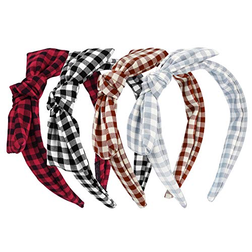 4 Pieces Buffalo Plaid Headbands Christmas Red Plaid Hair Bow Headbands Vintage Knot Bunny Ears Headwraps Hair Band for Women Girls Christmas Party