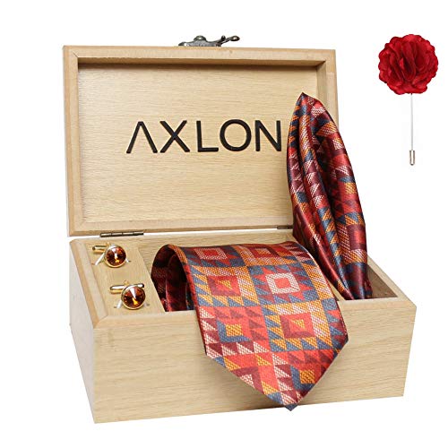 Image of Axlon Tie for Men - Micro Silk Neck Ties Set with Cufflinks Flower Pin, Pocket Square & Black Gift Box, Combo Necktie Sets for Office Wear, Formal Suits & Weddings (Multicolour, Tie-98)