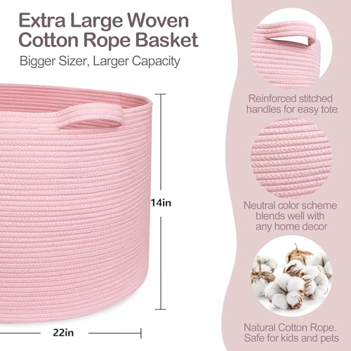 Image of MEGASKET Extra Large Pink Basket, 22 inchx22 inchx14 inch Woven Cotton Rope Bin with Handles, Blanket Storage for Living Room, Baby Kids Toy Storage Bin Box, Wicker Laundry Basket, Pink Room Decor Organizing