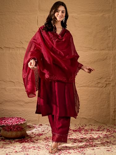 Image of FABIAN FASHION Women's Maroon Straight Kurta Palazzo Pant with Organza Dupatta Set Festive Ethnic Wear(ES 2537)