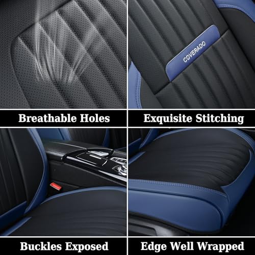 Image of Coverado Car Seat Covers Front, Seat Covers for Cars, Waterproof Car Seat Cushions, 2-Pack Leather Carseat Seat Protectors, Universal Seat Covers Fit for Most Sedans SUV Pick-up Trucks(Blue&Black)