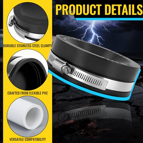 Image of 6 Pack 4 Inch Flexible PVC Pipe Cap with Stainless Steel Clamps - Black Durable End Caps for Drainage, Wastewater & Vent Pipes, Above /below Ground Use