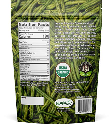 Paradise Green - USDA Organic Crispy Green Beans with Sea Salt 6oz - Naturally Delicious and Crispy High in Fiber