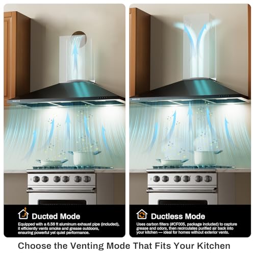 Image of 36 Inch Wall Mount Range Hood Ducted /Ductless Convertible Kitchen Exhaust Hood with 450 CFM Motor, 3 Speed Fan, LED Lighting and Dishwasher Safe Filters, Matte Black Painted Finish