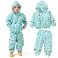 JinBei Kids Waterproof Suit Lightweight Girls Boys Trousers and Jacket Set Hooded Raincoat Breathable Rainwear with Reflective Stripes 2 Piece Set Rain Coat Toddler Green for 1-2 Years