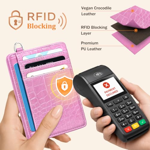 Image of Coco Rossi Crocodile Wallet Women Slim Credit Card Holder with Keychain | Luxury Wallets, Alligator Print, RFID Blocking, ID Case, Small Minimalist, Womens Girls Gift, Peach Pink Croc