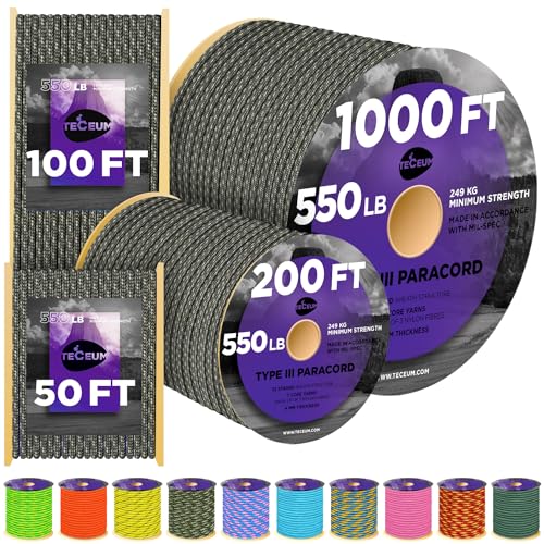 Image of TECEUM 5 /32 inch Paracord Rope 1000 - 1000ft / 200ft / 100ft / 50ft - Tactical Parachute Cord 4mm - 45+ Colors - Nylon String for Survival & Camping Gear - Stripe Cord for Survival - Utility Rope