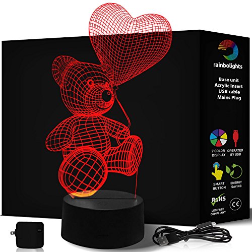 3D Illusion LAMP I Love You Xmas Teddy 7 Color LED Does Not Get Hot Larger Size 230mm X 132 Comes with Mains Plug and USB Cable Can Also Take Batteries by rainbolights.