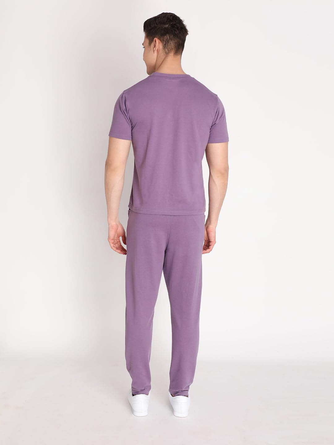 CHKOKKO Men Cotton Solid Casual Summer Wear Coords Stylish Gents Cord Set Half Sleeves Latest Track Suit Round Neck Western Co-Ord Track Pant And T-Shirt Set Purplee Xl 2