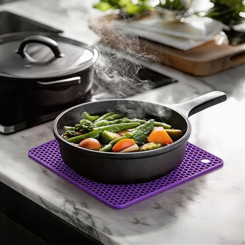 Image of Silicone Trivet Mats,Heat Resistant Pot Holders, Multipurpose Non-Slip Hot Pads for Kitchen Potholders, Hot Dishers, Jar Opener, Spoon Holder, Food Grade Silicone(Purple Size Square 7.1''x7.1'')