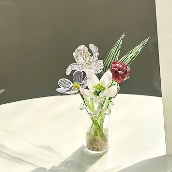 Mini Hand Blown Glass Flower Bouquet with Vase,Small Handmade Glass Flower Branches Artificial Flowers,Collectible Figurines for DIY Crafts Wedding Birthday Gift 7PCS