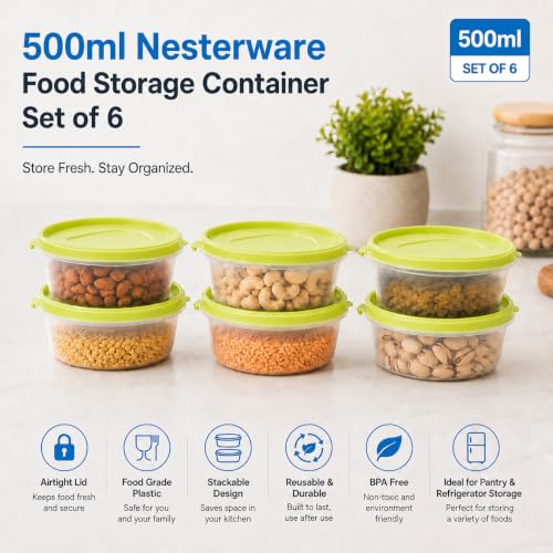 Image of Cutting EDGE Nesterware 500ml Stackable Food Container (Set of 6, Green) | BPA-free plastic, stackable design, leak-proof, kitchen storage, pantry, fridge, meal prep, reusable, travel use