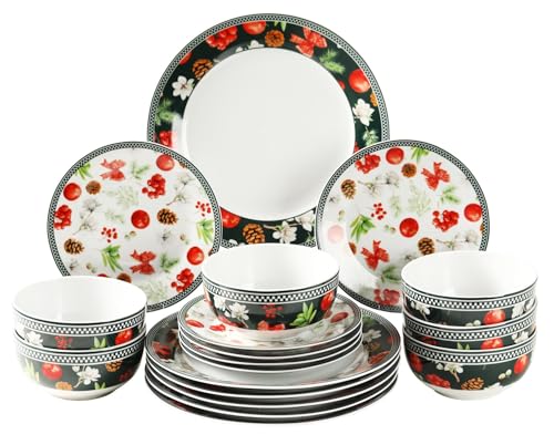 simpa 18PC Christmas Flora Orchard Ceramic Dinner Set. 6 Dinner Plates, 6 Side Plates & 6 Bowls. Dishwasher & Microwave Safe.