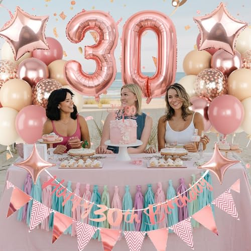 Image of Jobkoo 30th Birthday Decorations for Women, Retro Pink Beige Number 30 Balloon Set Happy 30th Birthday Banner Cake Topper Dusty Pink Nude Rosegold Star Balloons for Her 30 Year Old Bday Party Decor