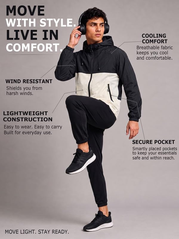Image of CHKOKKO Windcheater Jacket For Men With Hood UPF 50+ UV Sun Protection | Lightweight Breathable Water-Repellent Windbreaker | Nylon Fabric Outdoor Running Biker Dailywear Jacket