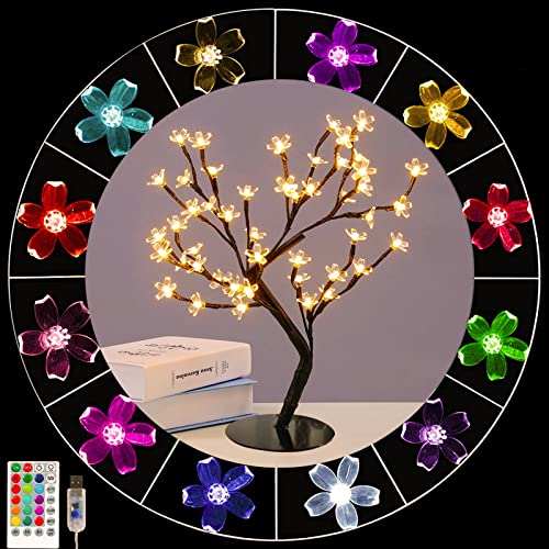 16 Colors Changing Cherry Blossom Bonsai Tree with Lights, 48 LED Tree Cherry Blossom Decor with Remote, Lit Tree Centerpieces Japanese Decor, Lighted Tree for Christmas Girls Bedroom Decoration