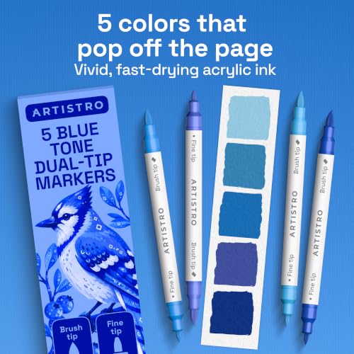 Image of ARTISTRO 5 Blue Tones Dual-Tip Acrylic Paint Marker Pens for Drawing | For Fabric, Rock, Glass, Wood, & Molds, Arts & Crafts Gift for Adults, Teens, & Kids, Classroom Must Haves & School Supplies