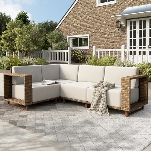 Image of HERA'S HOUSE Patio Sectional Furniture Set, Modular Outdoor Conversation Set with 10 inch Thick Cushion, 4 Seats Yellow Rattan Wicker Sofa for Deck Yard Lawn