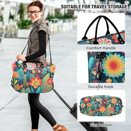 Large Travel Duffel Bag, Black Colorful Floral Sports Tote Gym Bag, Shoulder Weekender Overnight Bag for Women Men, Carry On Luggage with Toiletry Bags 6