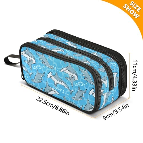 Image of ZAZYXTJ Hammerhead Shark Large Capacity Pencil Case 3 Compartment Pen Pouch Storage Canvas Makeup Bag for School Office Teen Girl Boy Men Women