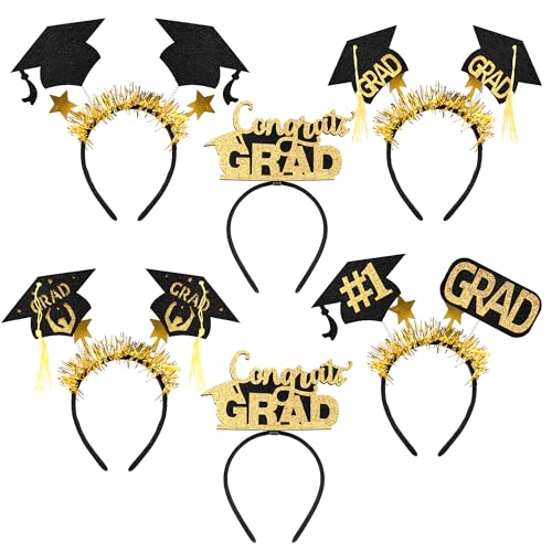 KatchOn Graduation Decorations 2026 | Black and Gold Congrats Grad Graduation Cap Headband - Pack of 6 | Felt Graduation Headbands | Headband for Graduation Cap | Graduation Party Favors 2026