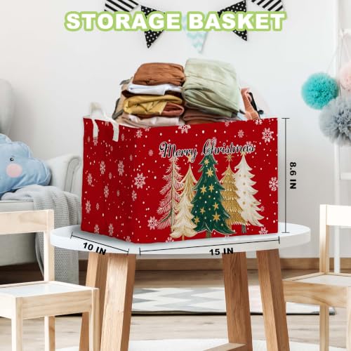 Image of Classic Tree & Snowman Christmas Storage Baskets, Empty Gift Baskets, Xmas Home Decor, Large Square Waterproof Canvas Laundry Hamper With PE Coating, Foldable Toy & Clothes Bins for Bedroom
