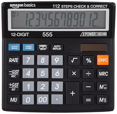 Image of Amazon Basics AB-555 12 Digits GST & Tax Calculator with 112 Steps Check and Correct, Basic Calculator, Black