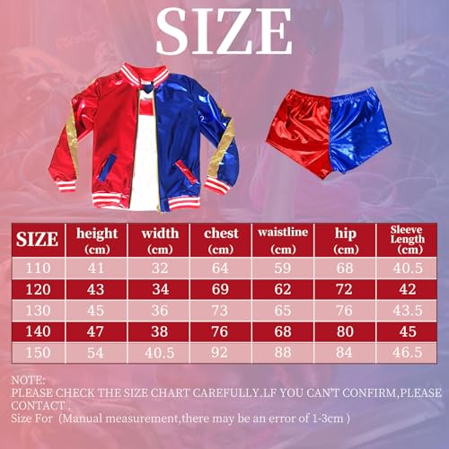 Quinn - Disfraz de villano para niños y niñas, incluye chaqueta, camiseta, pantalones cortos y guantes de globo, medias, cuello para Halloween, carnaval, cosplay (130 cm)