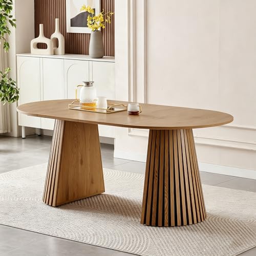 Image of 39.37 inch-70.87 inch Round Extendable Dining Table for 4 6 8, Wooden Expandable Oval Kitchen Table with Slatted Table Legs, Modern Farmhouse Extending Table for Dining Room Living Room Open Kitchen Space