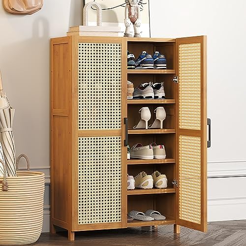 Rattan Shoe Cabinet with Flip Drawer - Wicker Storage Organizer for Heels, Boots & Sneakers - Stylish Closet Solution for Home Entryway