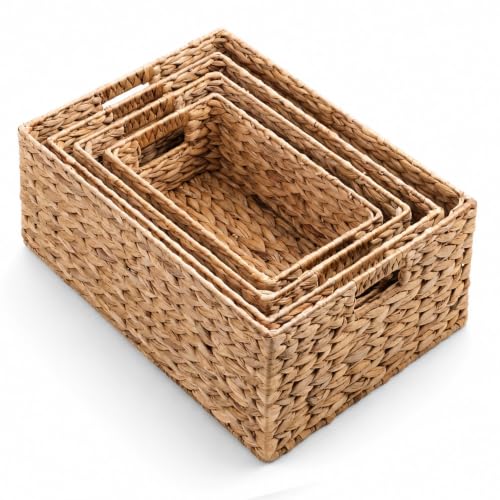 M4DECOR Set of 4 Water Hyacinth Storage Baskets for Shelves – Handwoven Wicker Baskets for Organizing, 4 Sizes (S/M/L/Jumbo)