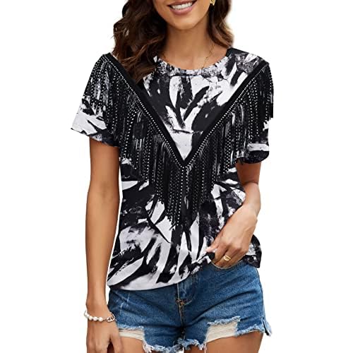 PESION Women's Fringe Trim Shirts Short Sleeve Tassel Trim Blouse T-Shirt Tops 3X-Large Black+ White