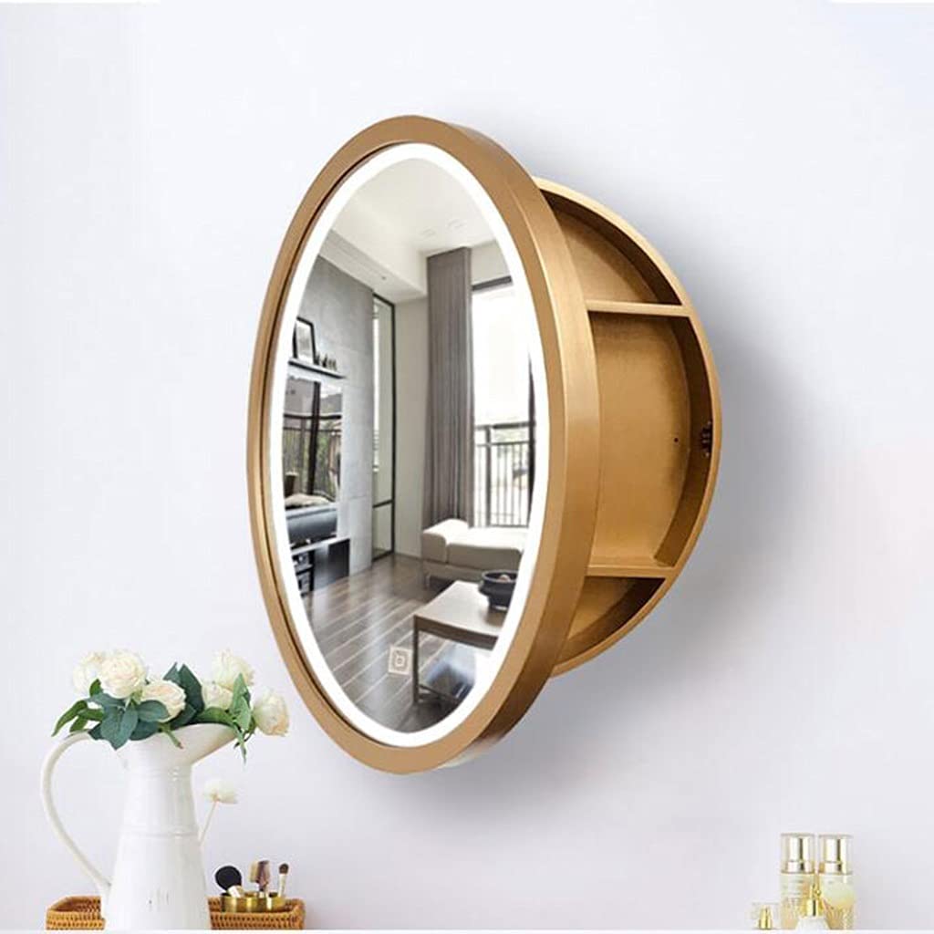 Gabinetes con Espejo para baño Baño Redondo Maquillaje de baño Espejo Redondo Inteligente de Madera Maciza montado en la Pared con luz (Color: Dorado, tamaño: 70 cm | 27,6 Pulgadas) (Oro 50