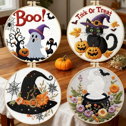 Zhenqing 4-Piece Halloween Embroidery Kit for Beginners - Spooky Ghost Witch Hat Black Cat & Cauldron Designs with Pre-Printed 29x29cm Cotton Fabric Hoop Threads & Tools(C0165)