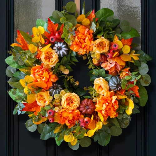 Image of 24 Inch Harvest Fall Wreaths for Front Door Outside with Orange Peony | Artificial Silk Autumn Leaf Wreaths with Realistic Dahlias,Pumpkin,Rustic Farmhouse Thanksgiving Halloween Wall Porch Decor
