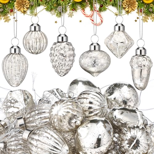Syhood 24 Pcs Mini Mercury Glass Christmas Ornaments 1.2' Diameter Vintage Glass Balls Christmas Tree Hanging Ornaments for Xmas Party Wreaths Garland Window Decor(Silver)