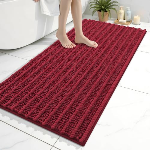 Image of Arotive Luxury Bathroom Ruuner Rugs 47x24, Extra Soft Thick Absorbent Shaggy Chenille Bath Rugs, Machine Wash Dry, Bath Mats for Bathroom Floor, Tub and Shower, Home Decor Accessories, Red